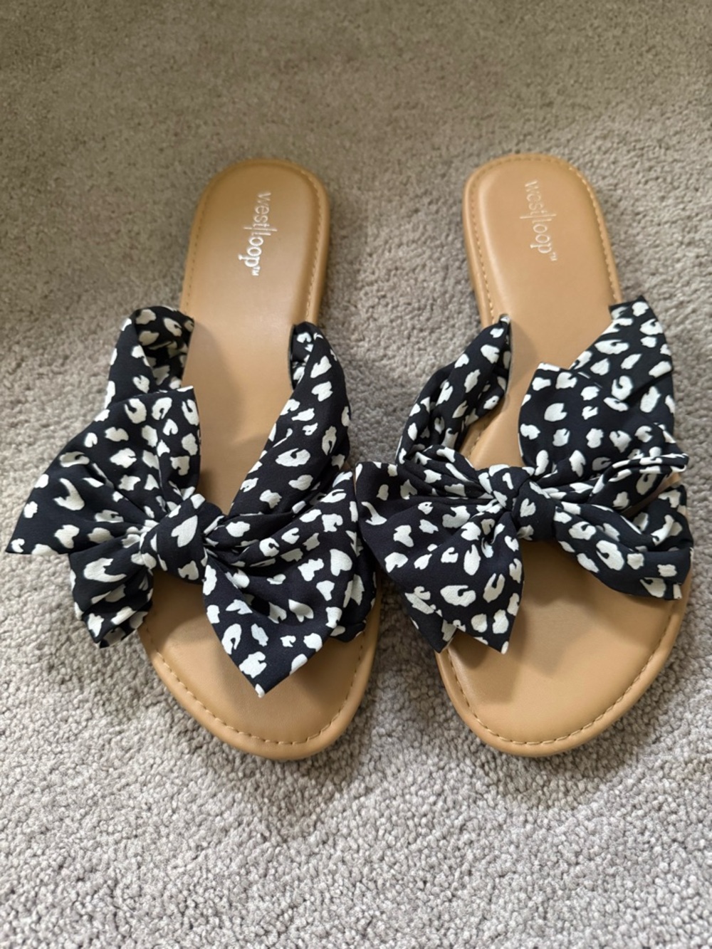 west loop Black & White Bow Slide Sandals with Tan Footbed